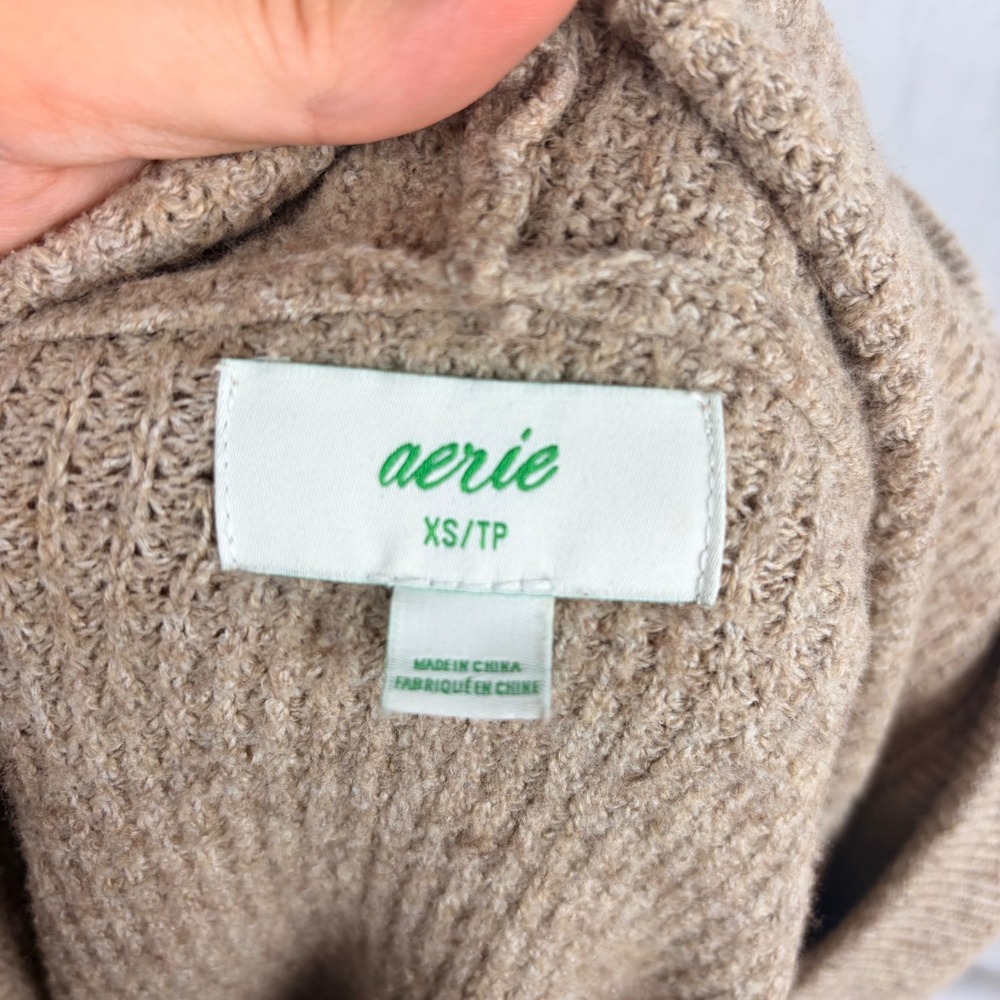 Aerie Tan Waffle Knit Hooded V-Neck‎ Sweater Womens XS Relaxed Fit  Pullover - Picture 12 of 13